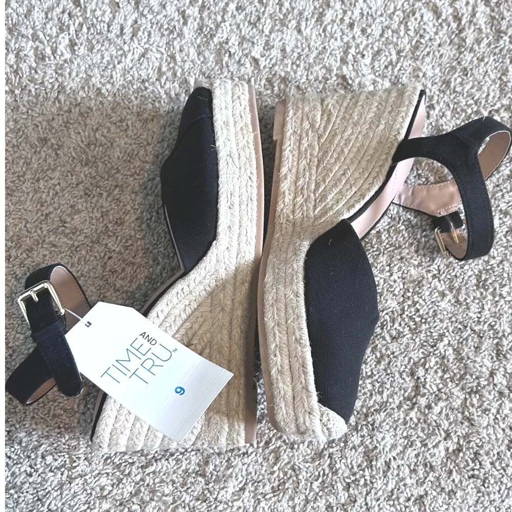 Black Espadrille Wedge Sandals Boho Resortwear Square Toe Time and Tru SZ‎ 9